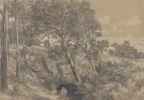 The Station Plenty, (Yallambie) view X by Edward La Trobe Bateman 1853-1856. Trees and creek.