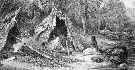 A 19th century engraving of an indigenous Australian encampment, representing the indigenous mode of life in the cooler parts of Australia