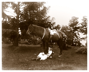 Early picture with riding habit taken on the south lawn at Yallambie. (Source: Bill Bush Collection)