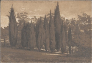 Private cemetery in a garden, probably Yallambie, by E L Bateman. (Source: Rex Nan Kivell Collection, National Library of Australia)