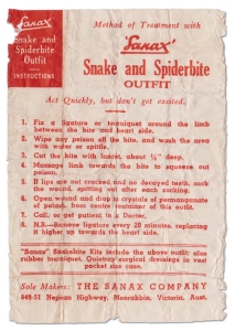 Instructions from 50 year old Melbourne made snakebite lancet kit.