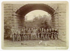 Cheltenham Cycle Club under the old Main Rd Bridge, Greensborough, 1897, (Pictures Collection, State Library of Victoria).