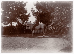 Syd and Harry Wragge on horses at a slightly later date at Yallambie, looking towards the farmyard area from the northern part of the garden.